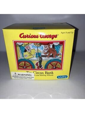 Vintage 1995 Curious George Tin Coin Bank Rolling Circus by Schylling NEW in Box